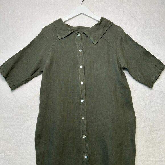 PIAZZA DEL TEMPIO Linen Button Back Shift Dress Lagenlook Pockets Green Sz S - Picture 6 of 8